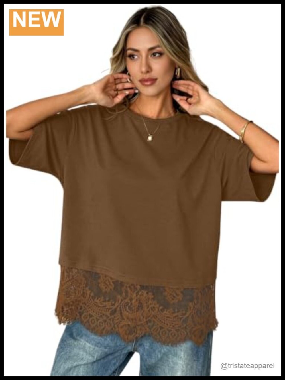 Womens Summer Short Sleeve Crew Neck Lace Hem Relaxed Fit Top